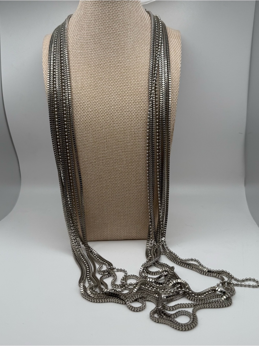 Vintage Trifari Silver Tone Multi Strand Chain Necklace 32” Signed Statement